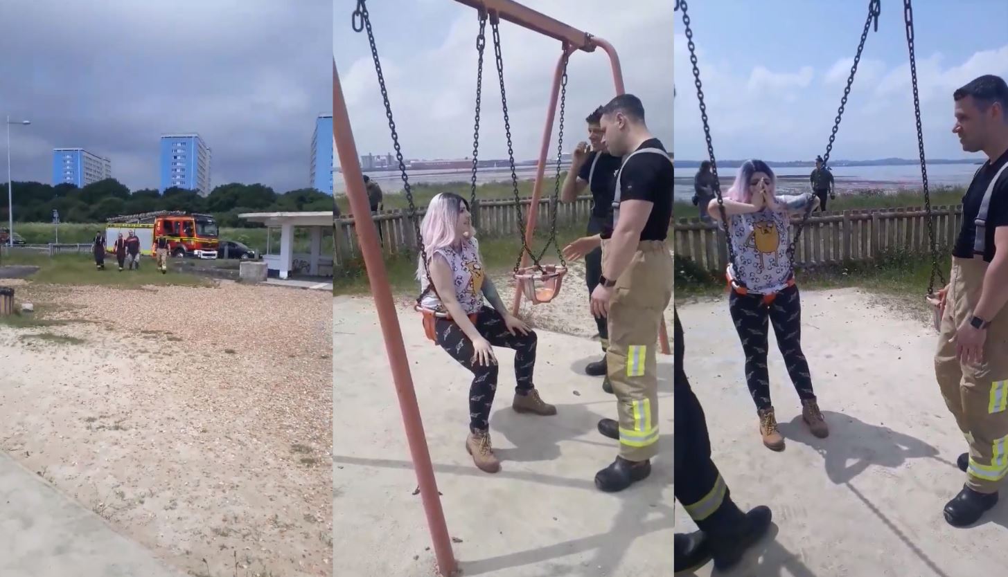 Mom rescued by firefighters after getting stuck in a swing - TheBright